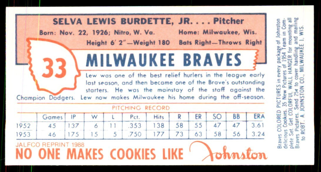 1988 JALFCO 1954 Johnston Cookies Reprints Lew Burdette Milwaukee Braves #33