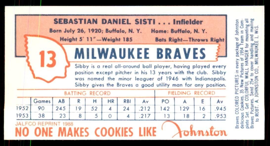1988 JALFCO 1954 Johnston Cookies Reprints Sibby Sisti Milwaukee Braves #13