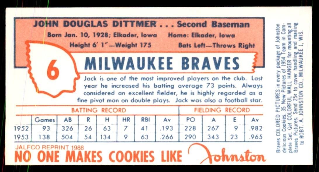 1988 JALFCO 1954 Johnston Cookies Reprints Jack Dittmer Milwaukee Braves #6