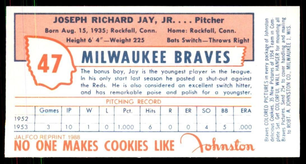 1988 JALFCO 1954 Johnston Cookies Reprints Joey Jay Milwaukee Braves #47