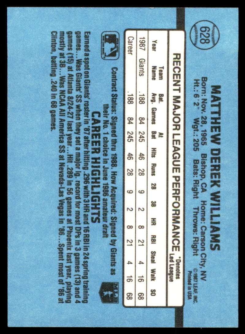 1988 Donruss Baseball Card Matt Williams Rookie San Francisco Giants #628