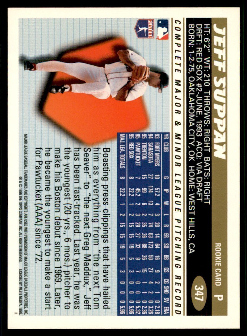 1996 Topps Jeff Suppan Baseball Card Boston Red Sox #347