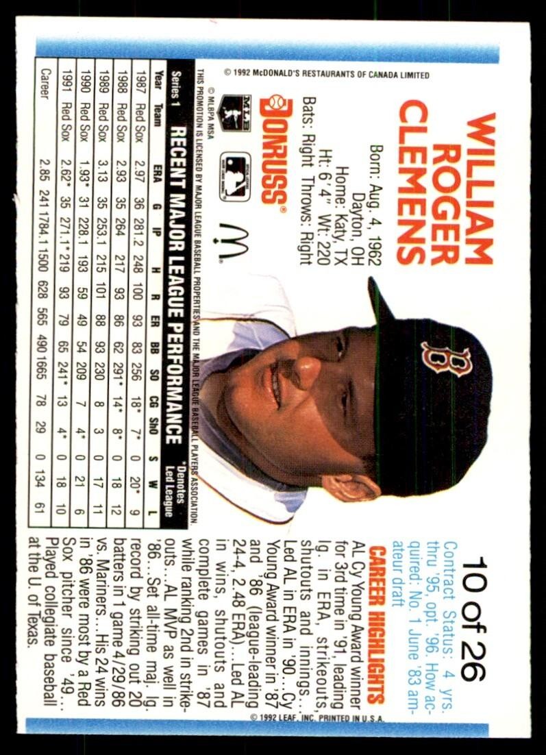1992 Donruss MVP Roger Clemens A Baseball Cards #10