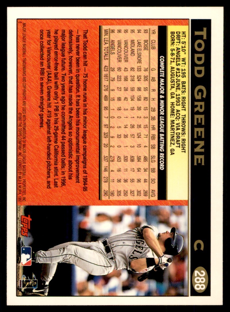1997 Topps Todd Greene Baseball Card California Angels #288