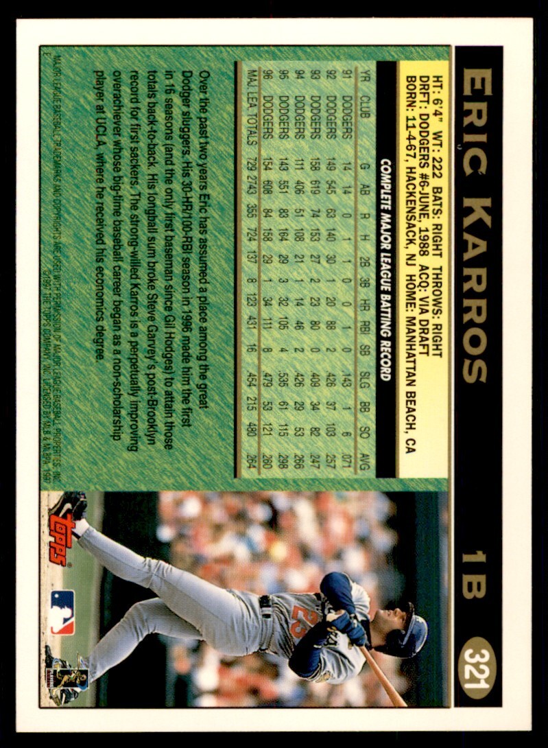 1997 Topps Eric Karros Baseball Card Los Angeles Dodgers #321