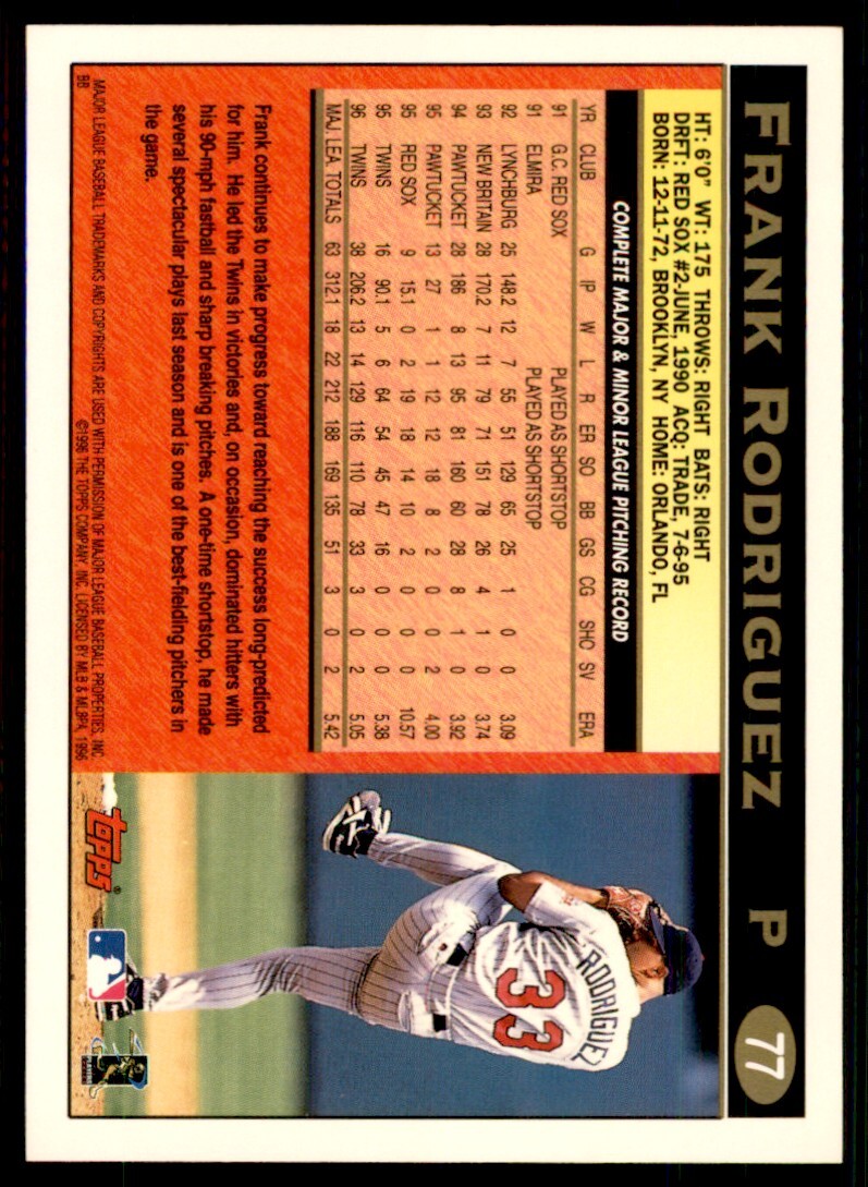 1997 Topps Baseball Card Frank Rodriguez Minnesota Twins #77