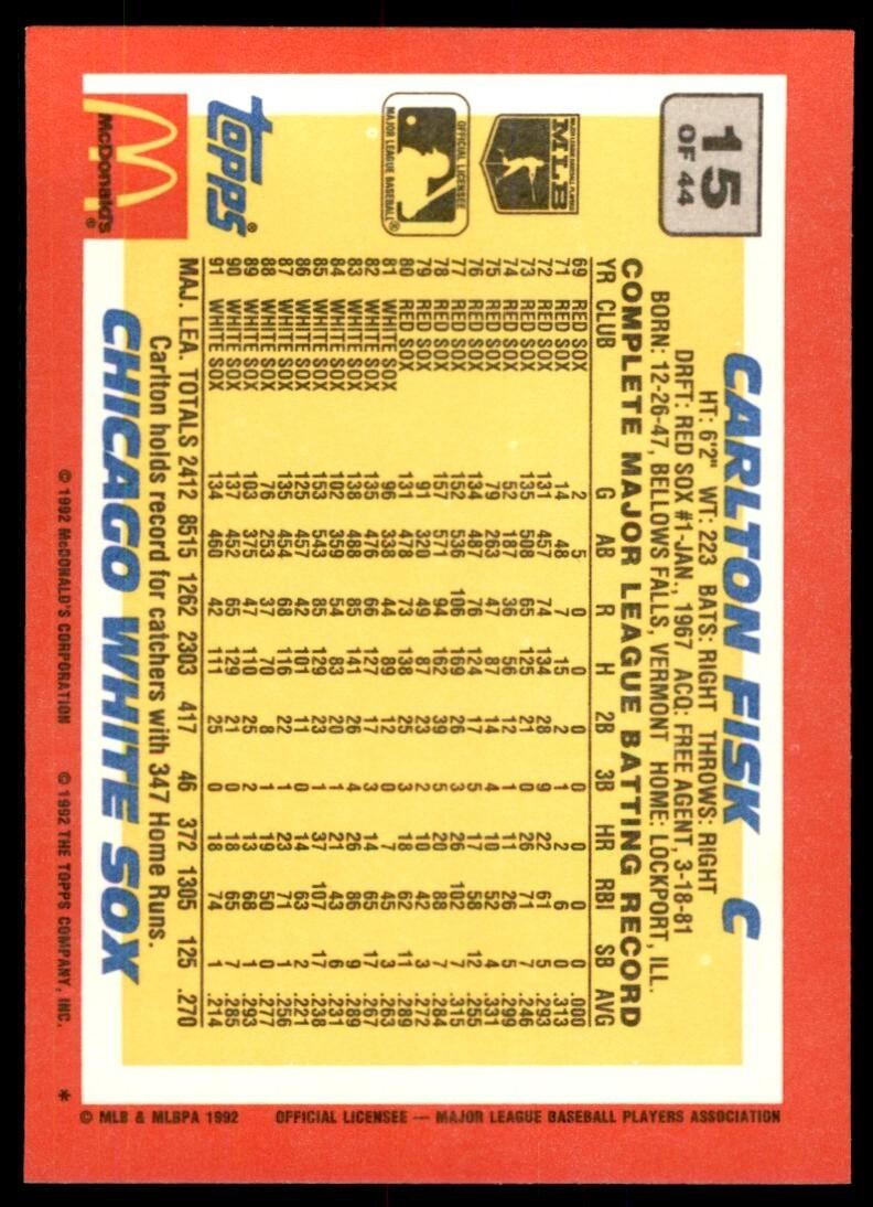 1992 Topps McDonald's Carlton Fisk A Baseball Cards #15