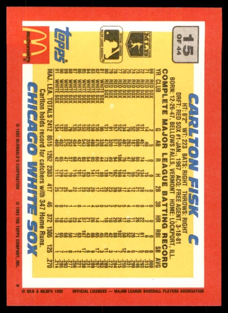 1992 Topps McDonald's Carlton Fisk B Baseball Cards #15