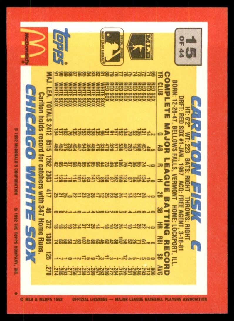 1992 Topps McDonald's Carlton Fisk C Baseball Cards #15