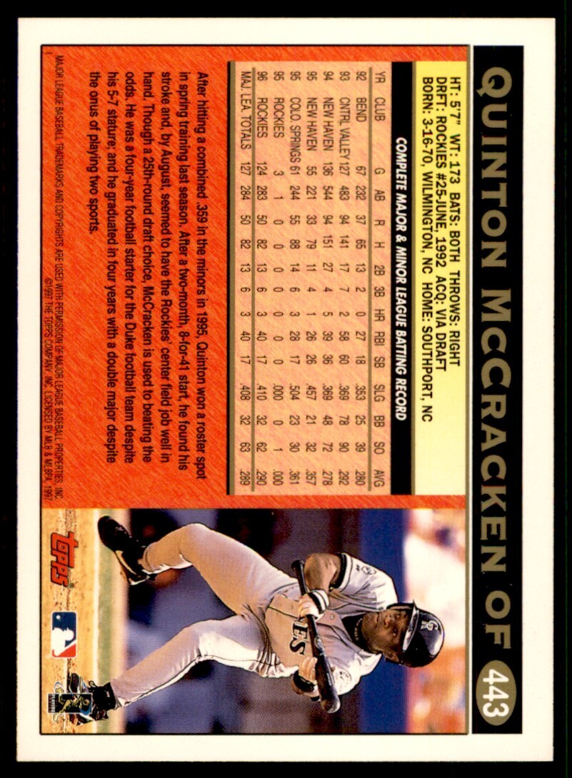 1997 Topps Baseball Card Quinton McCracken Colorado Rockies #443