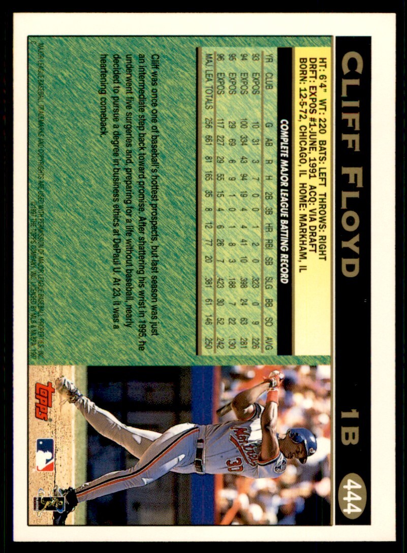 1997 Topps Baseball Card Cliff Floyd Montreal Expos #444