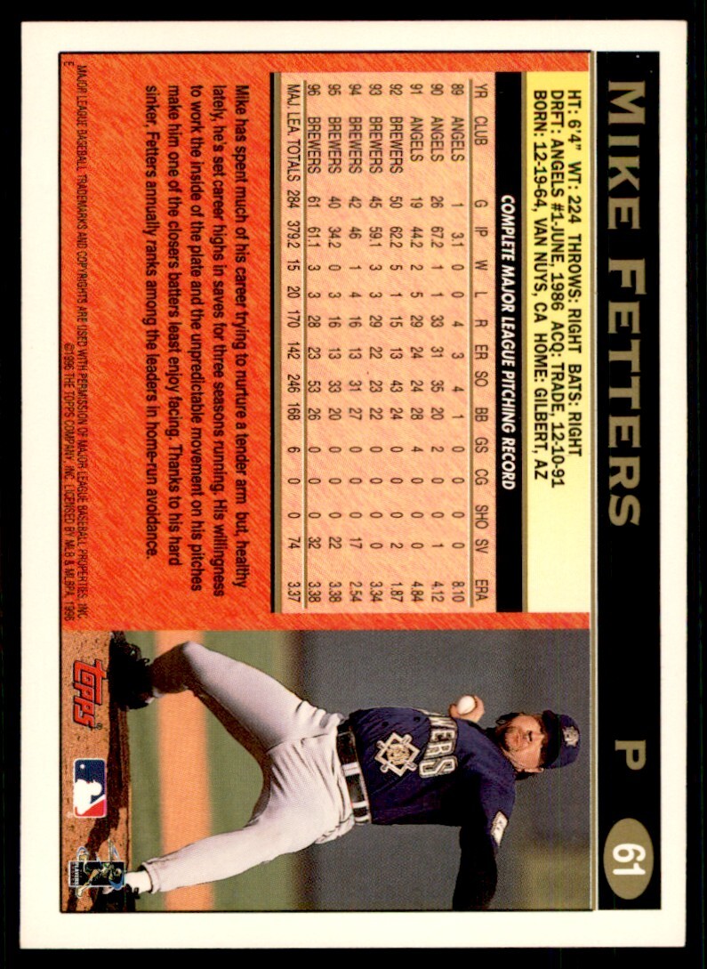 1997 Topps Baseball Card Mike Fetters Milwaukee Brewers #61