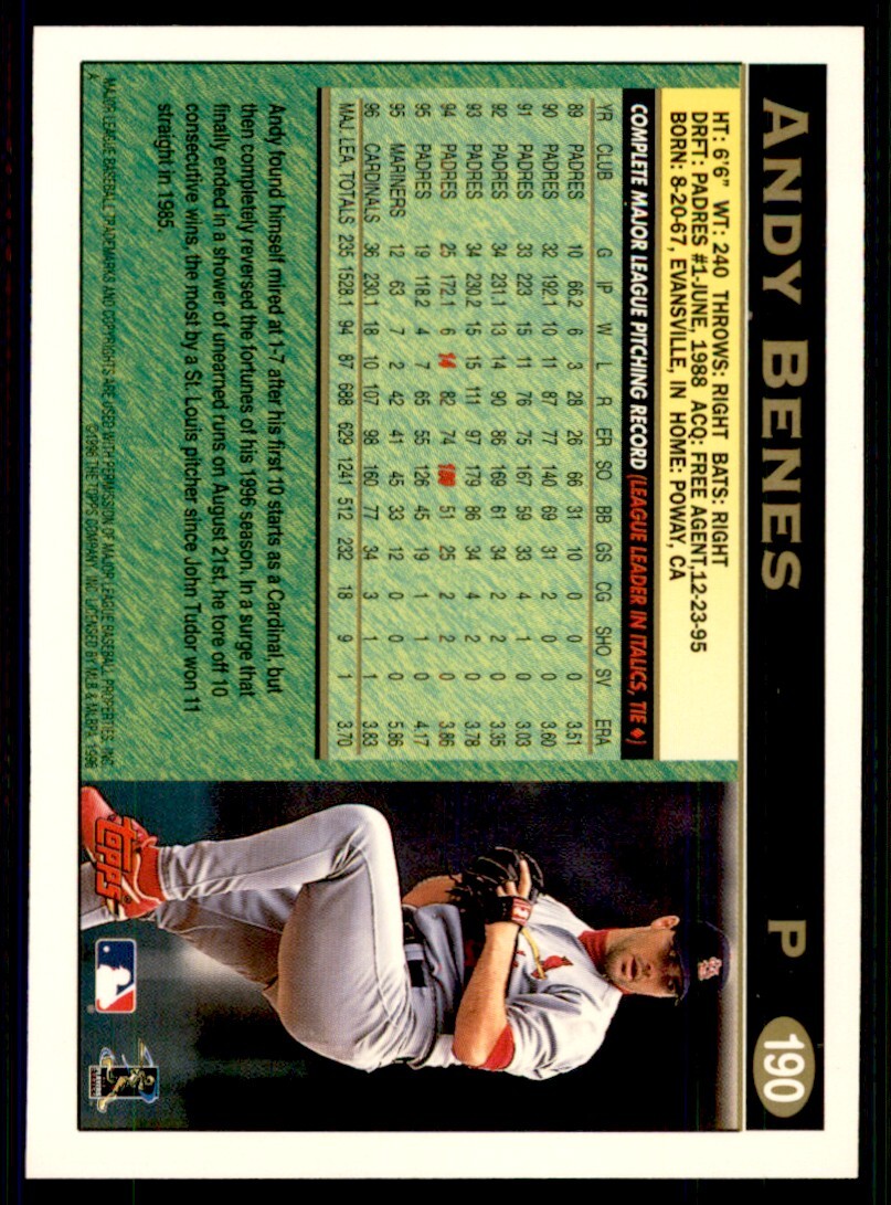 1997 Topps Baseball Card Andy Benes St. Louis Cardinals #190