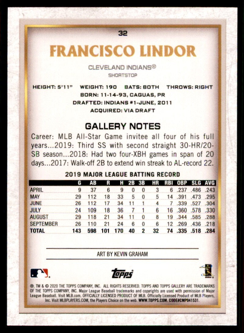 2020 Topps Gallery Francisco Lindor Baseball Card Cleveland Indians #32