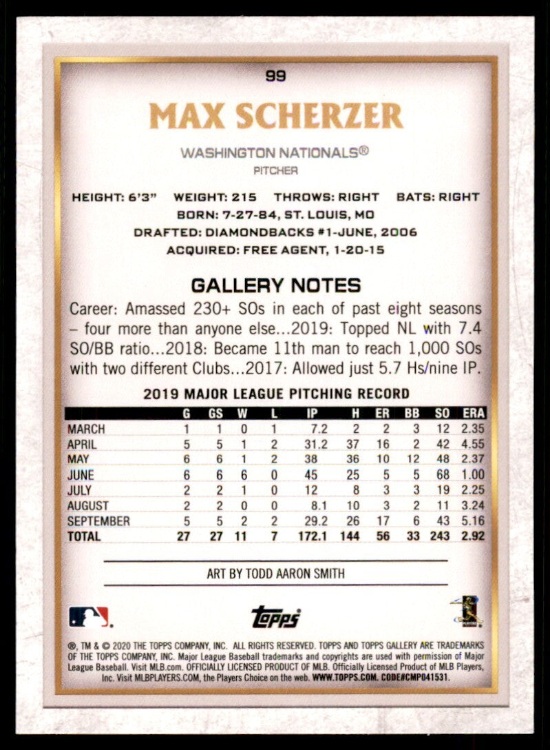2020 Topps Gallery Baseball Card Max Scherzer Washington Nationals #99