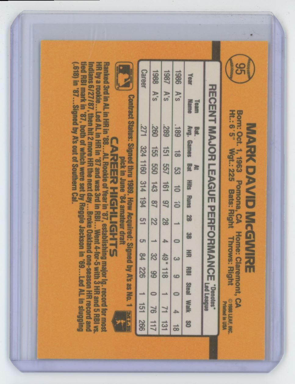 1989 Donruss Mark McGwire Baseball Card Oakland Athletics #95