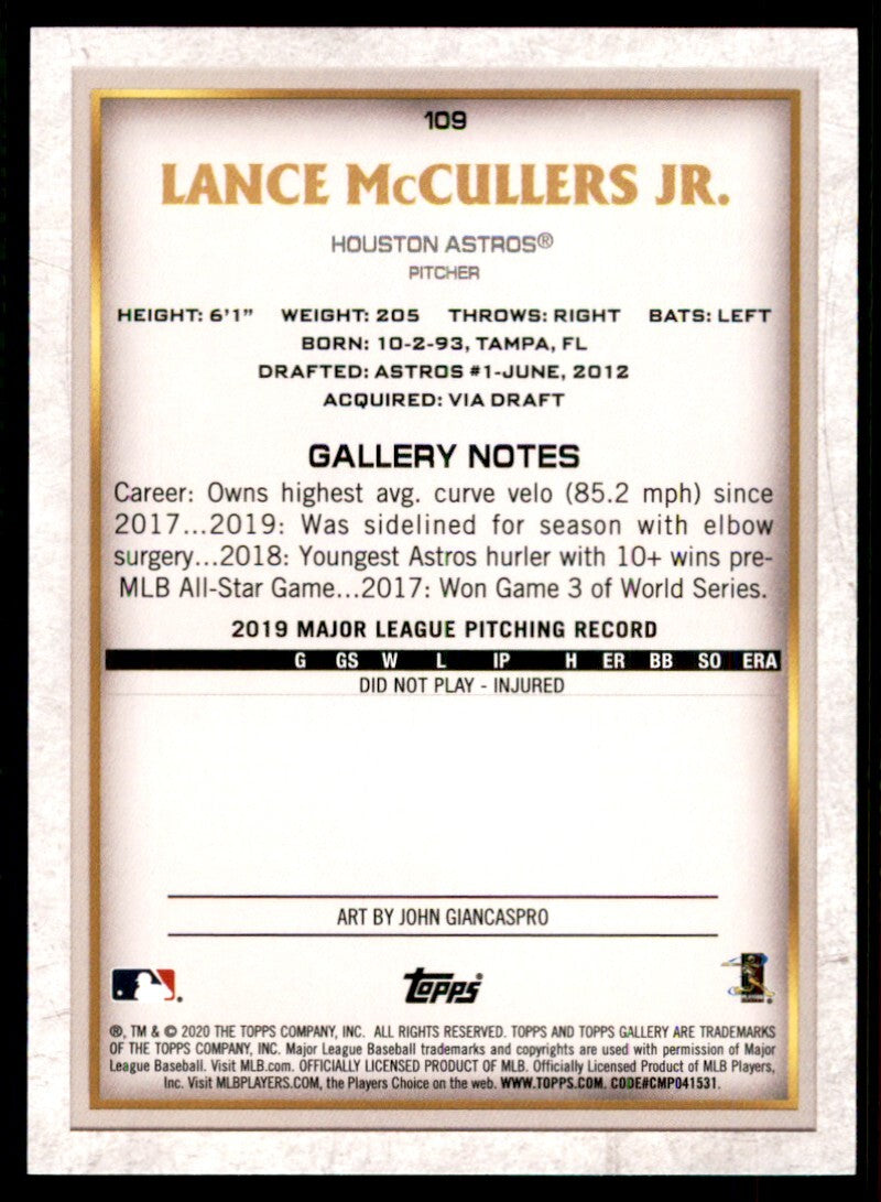 2020 Topps Gallery Baseball Card Lance McCullers Jr. Houston Astros #109