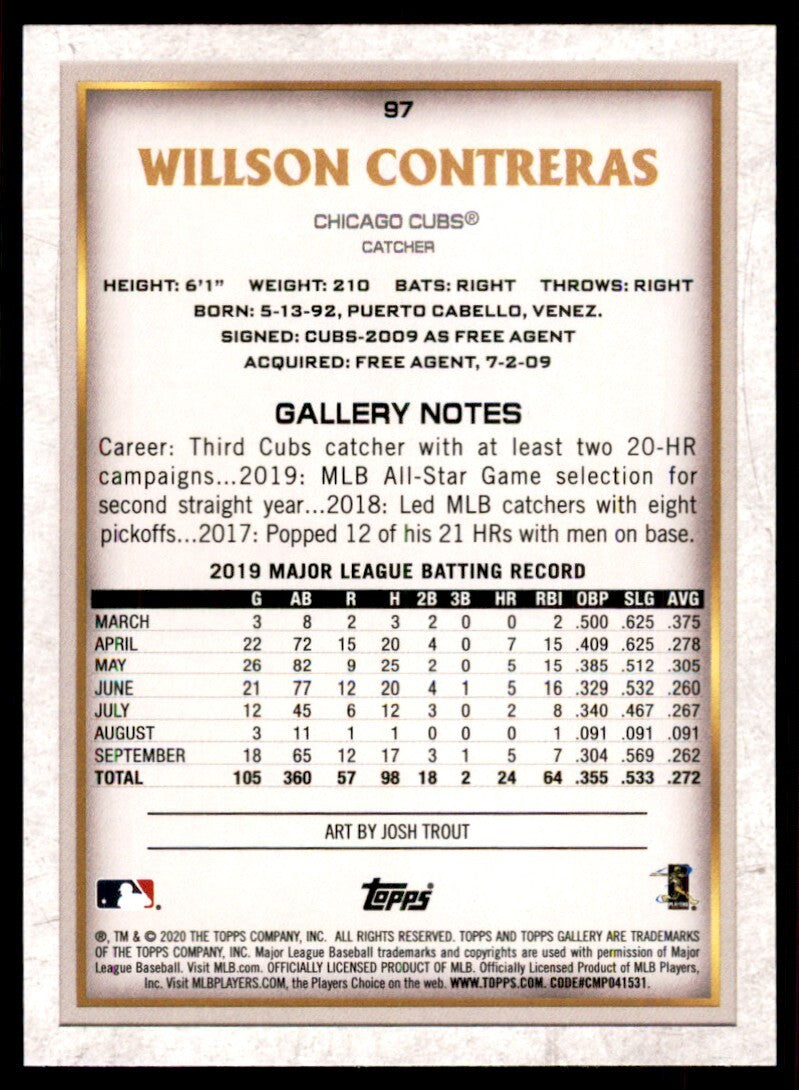 2020 Topps Gallery Willson Contreras Baseball Card Chicago Cubs #97