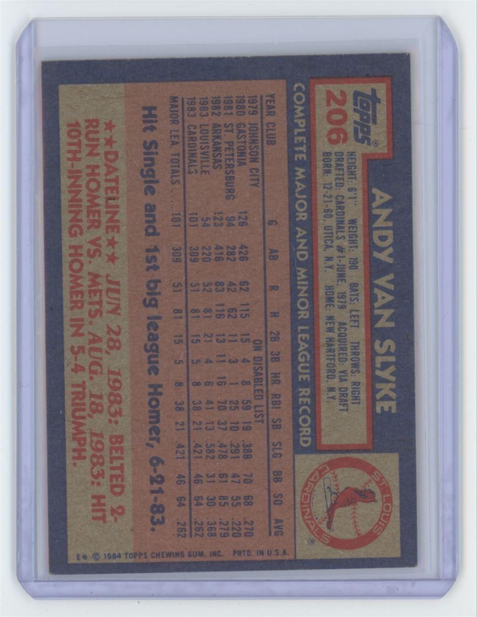 1984 Topps Andy Van Slyke Baseball Card St. Louis Cardinals #206