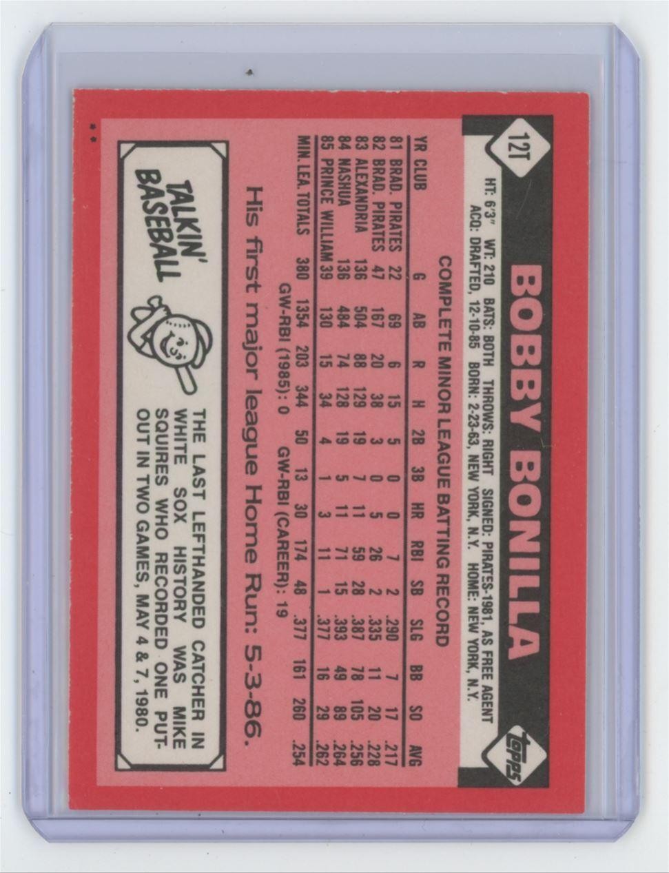 1986 Topps Traded Bobby Bonilla Baseball Card Chicago White Sox #12T