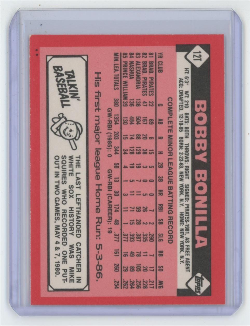 1986 Topps Traded Bobby Bonilla Baseball Card Chicago White Sox #12T D