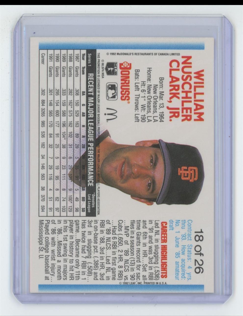 1992 Donruss McDonald's MVP Will Clark Baseball Card San Francisco Giants #18