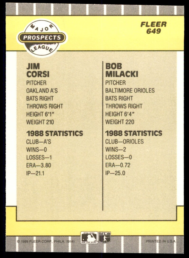1989 Fleer Jim Corsi/Bob Milacki Rookie Oakland Athletics/Baltimore Orioles #649