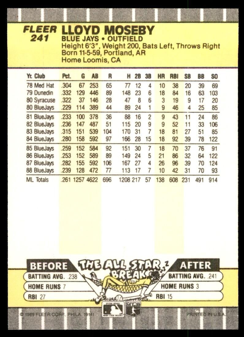 1989 Fleer Lloyd Moseby Toronto Blue Jays #241