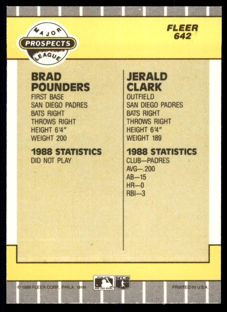 1989 Fleer Brad Pounders/Jerald Clark Rookie c San Diego Padres #642