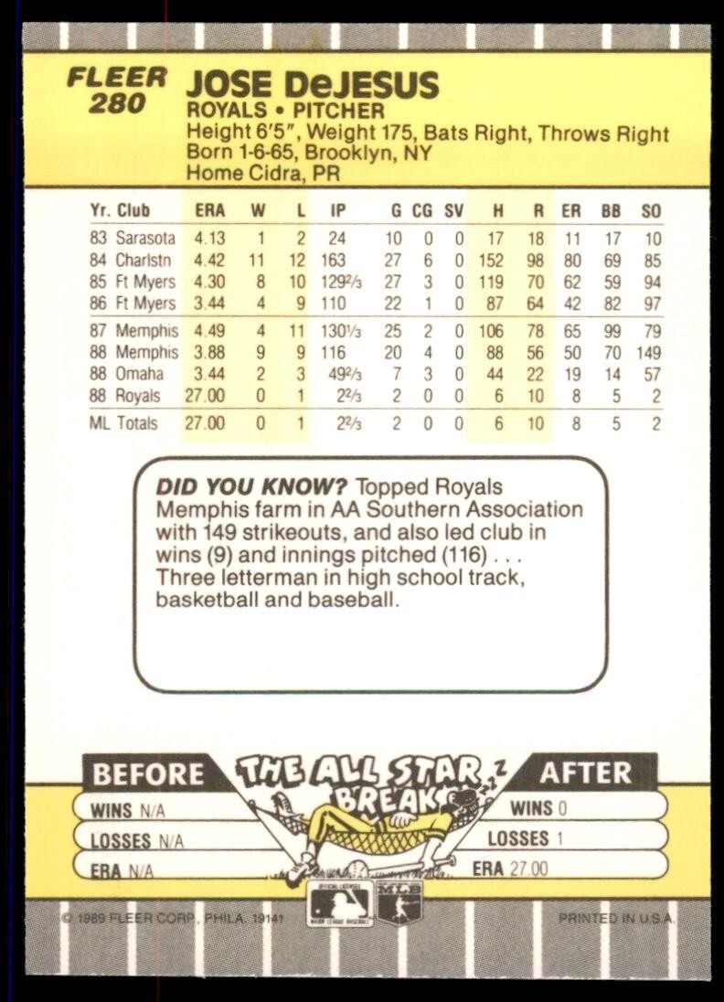 1989 Fleer Jose DeJesus Rookie Kansas City Royals #280