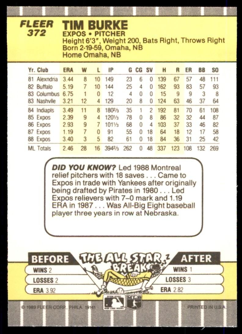 1989 Fleer Tim Burke . Montreal Expos #372