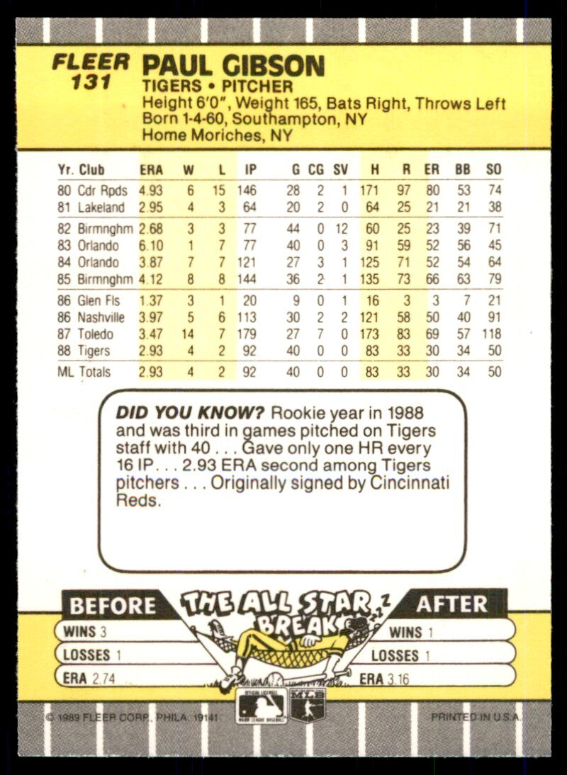 1989 Fleer Paul Gibson Rookie Detroit Tigers #131
