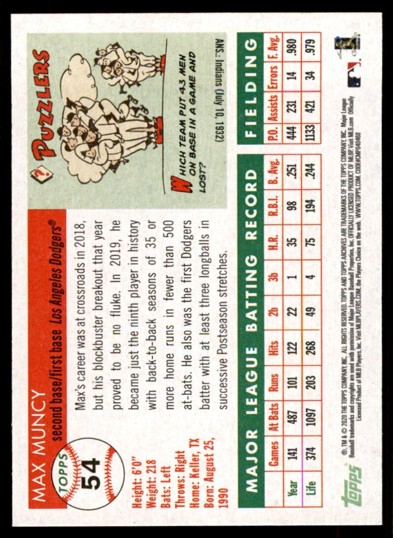 2020 Topps Archives Max Muncy Baseball Card Los Angeles Dodgers #54