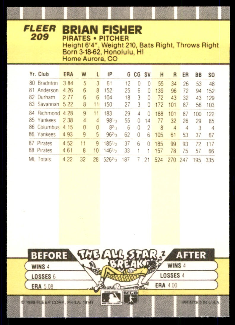 1989 Fleer Brian Fisher p Pittsburgh Pirates #209