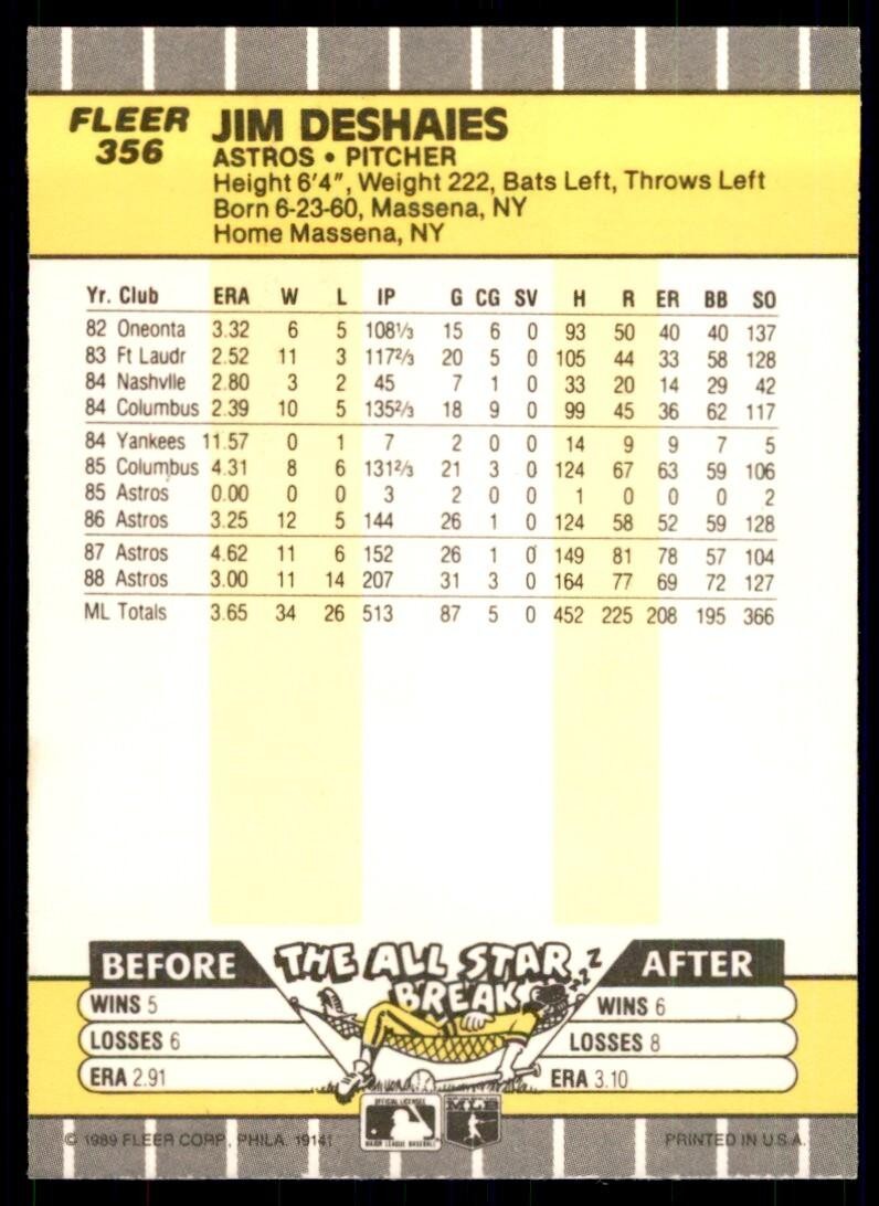 1989 Fleer Baseball Card Jim Deshaies Houston Astros #356