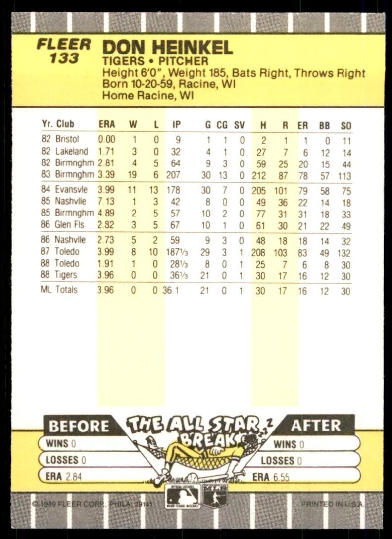 1989 Fleer Don Heinkel Rookie a Detroit Tigers #133
