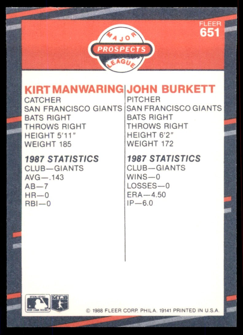 1988 Fleer Kirt Manwaring/John Burkett Rookie San Francisco Giants #651