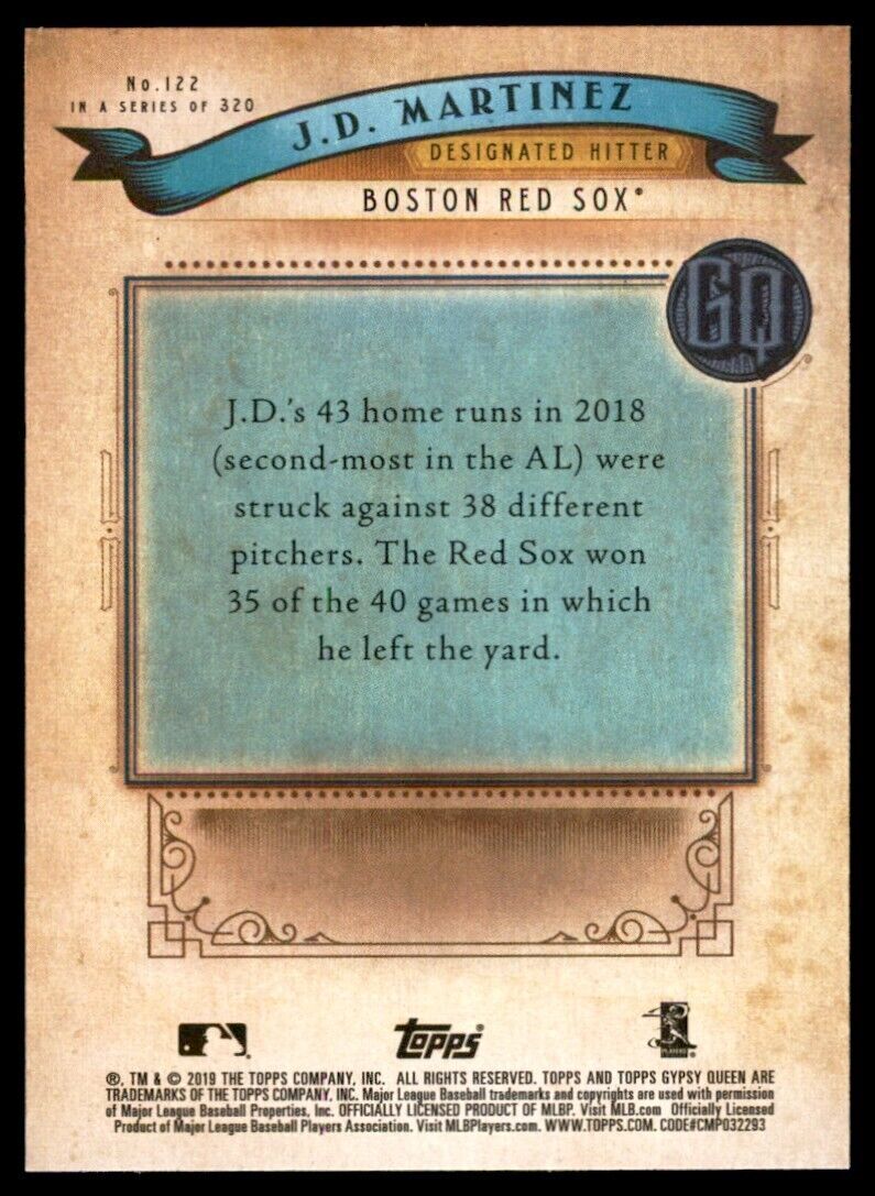 2019 Topps Gypsy Queen J.D. Martinez Baseball Card Boston Red Sox #122