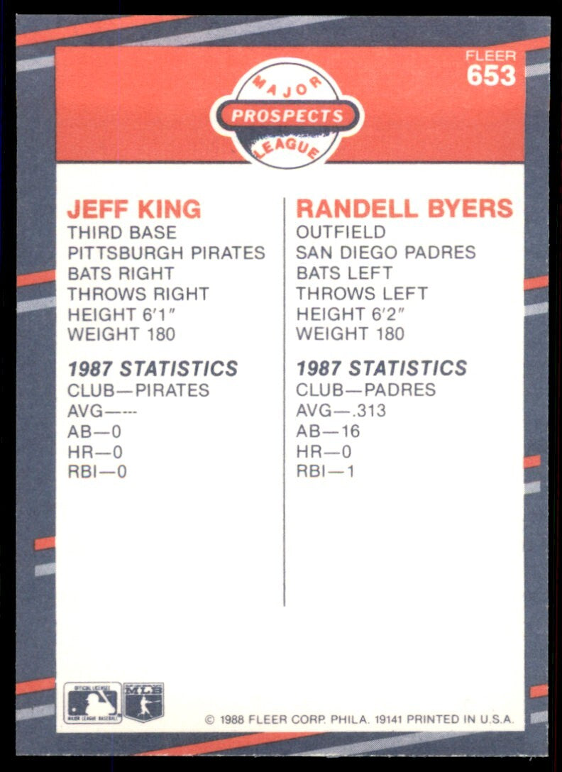 1988 Fleer Jeff King/Randall Byers Rookie Pittsburgh Pirates/San Diego Padres