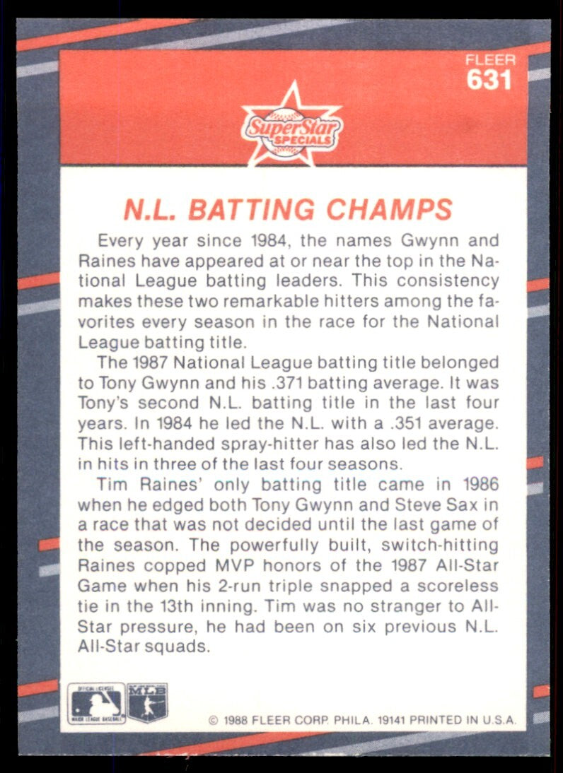 1988 Fleer N.L. Batting Champs (Tony Gwynn/Tim Raines) San Diego Padres/Montreal