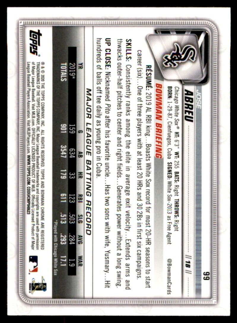 2020 Bowman Chrome Jose Abreu Baseball Card Chicago White Sox #99