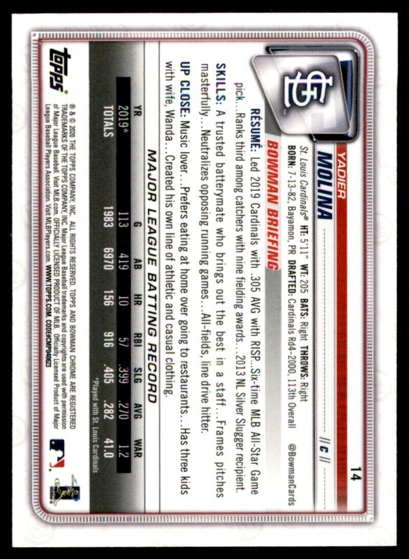 2020 Bowman Chrome Yadier Molina Baseball Card St. Louis Cardinals #14