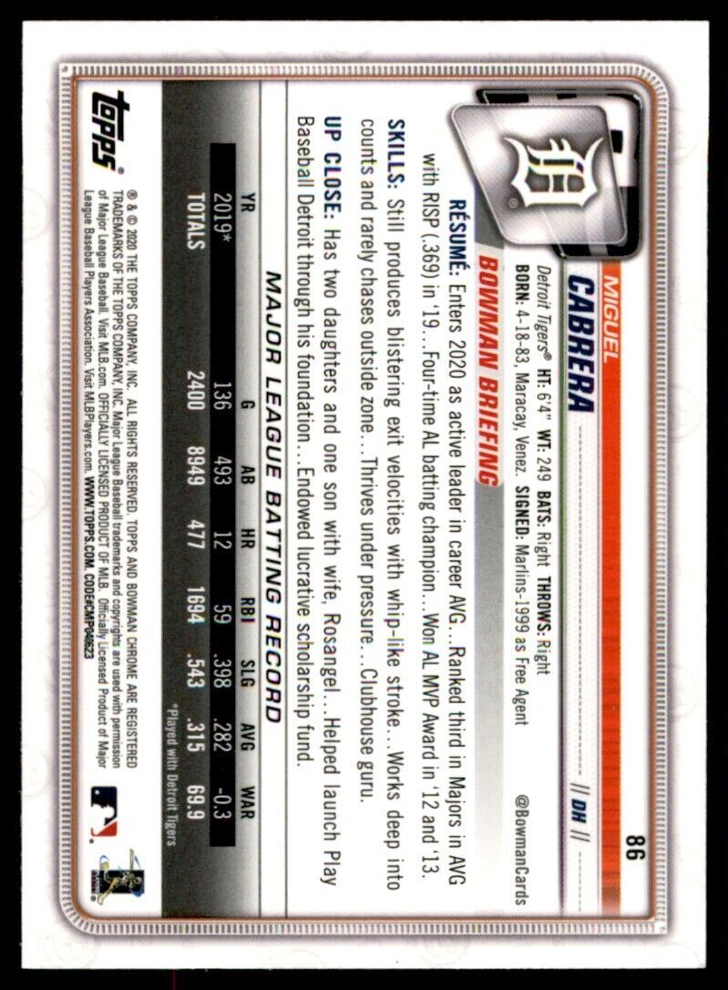 2020 Bowman Chrome Miguel Cabrera Baseball Card Detroit Tigers #86