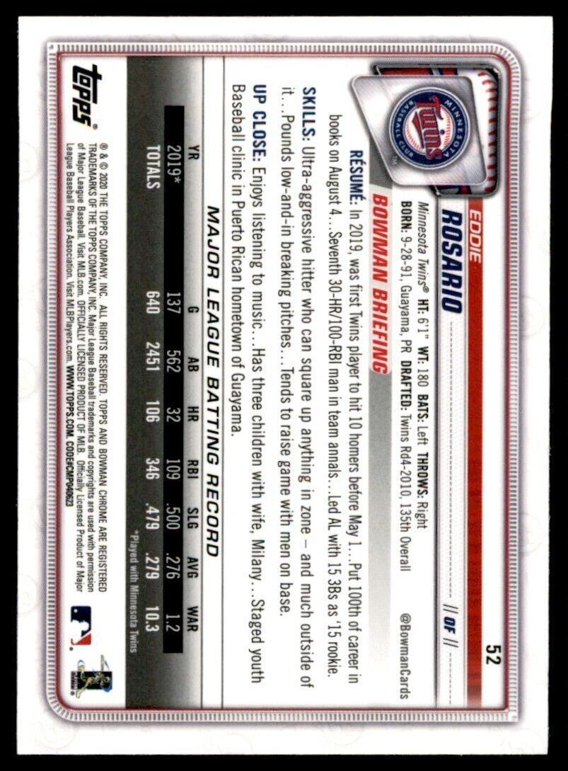 2020 Bowman Chrome Eddie Rosario Baseball Card Minnesota Twins #52