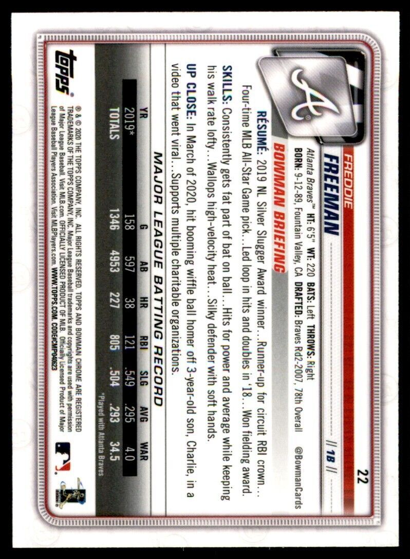 2020 Bowman Chrome Freddie Freeman Baseball Card Atlanta Braves #22