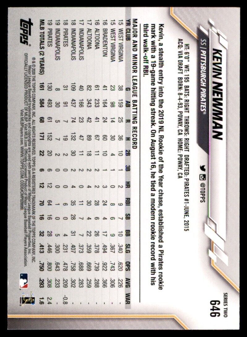 2020 Topps Kevin Newman Baseball Card Pittsburgh Pirates #646