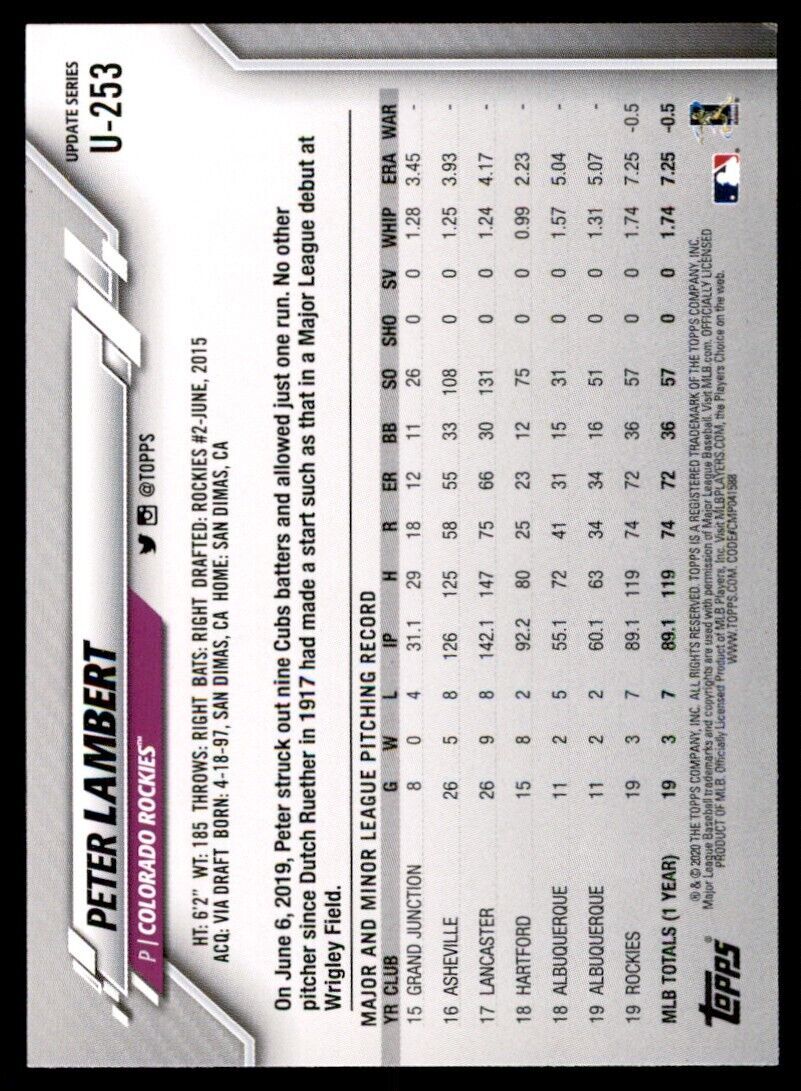 2020 Topps Peter Lambert Baseball Card Colorado Rockies #U-253