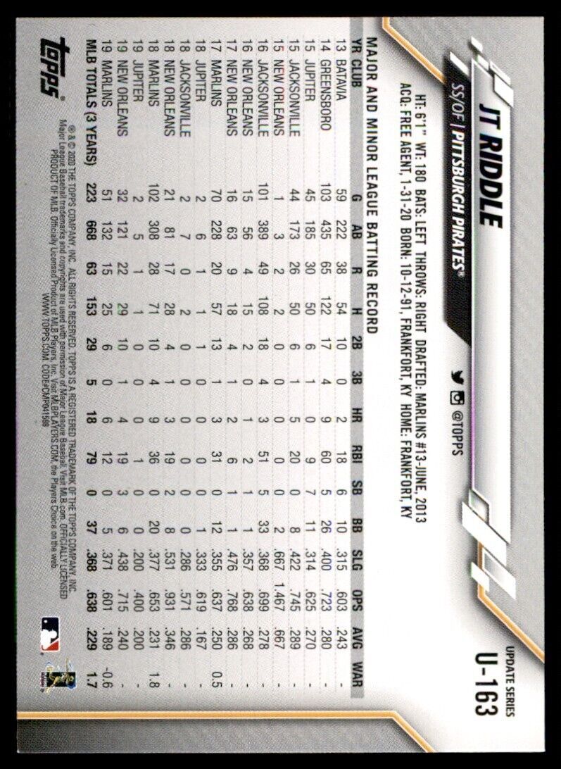 2020 Topps JT Riddle Baseball Card Pittsburgh Pirates #U-163