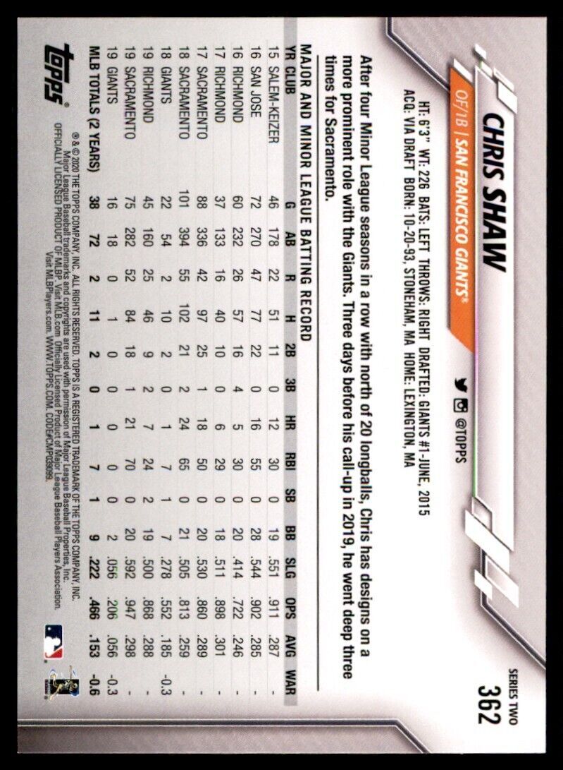 2020 Topps Chris Shaw Baseball Card San Francisco Giants #362