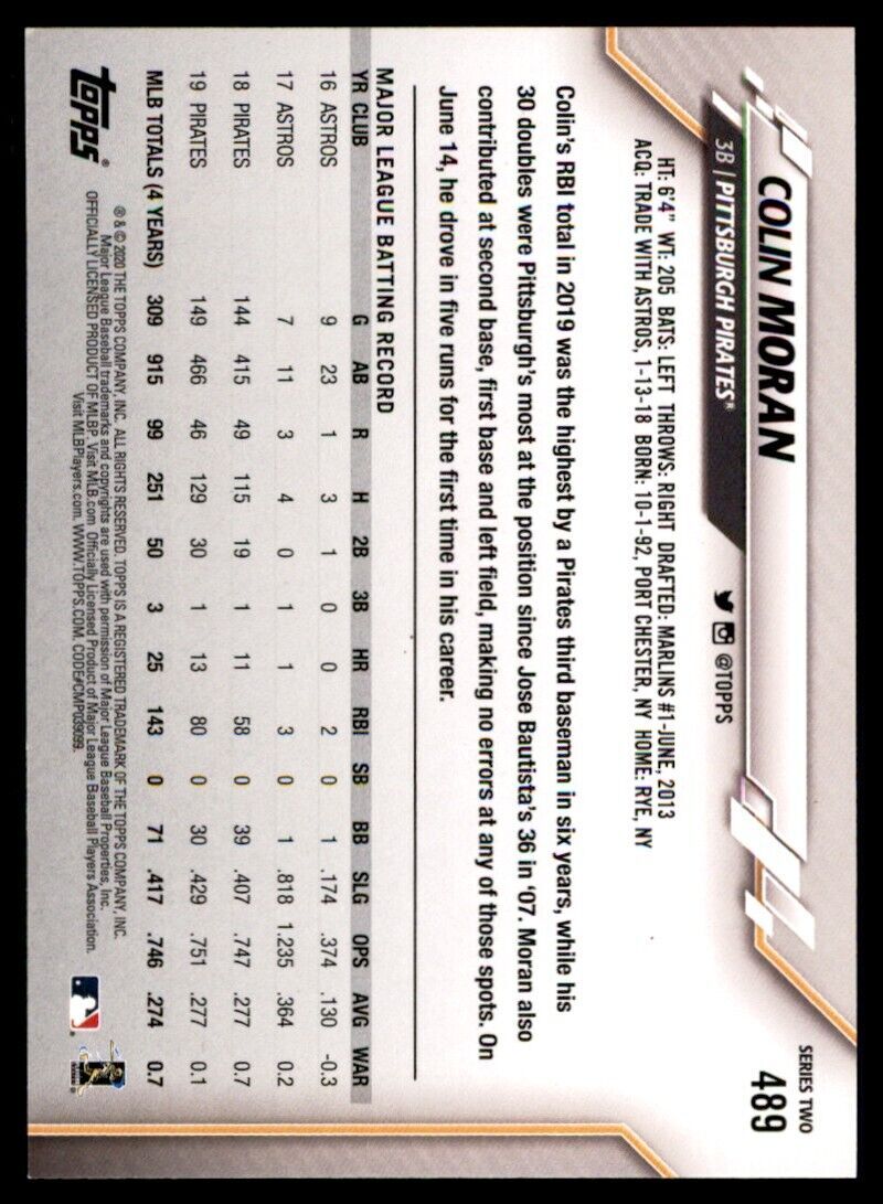 2020 Topps Colin Moran Baseball Card Pittsburgh Pirates #489